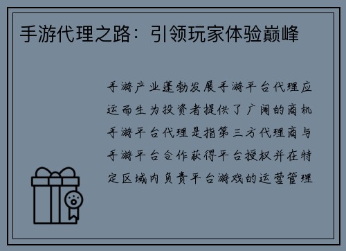 手游代理之路：引领玩家体验巅峰